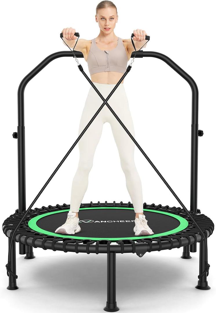 ANCHEER 40"/48" Foldable Mini Trampoline,Max Load 450lbs/550lbs Indoor Trampoline,with 4 Level Adjustable Foam Handle and Resistance Bands,Adult Exercise Trampoline for Home, Garden, and Gym
