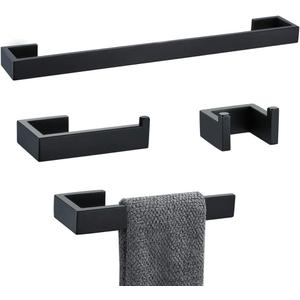 TNOMS 4 Pieces Bathroom Hardware Accessories Set Black Towel Bar Towel Holder Robe Hook Toilet Paper Holder Stainless Steel,Q8-P4BK