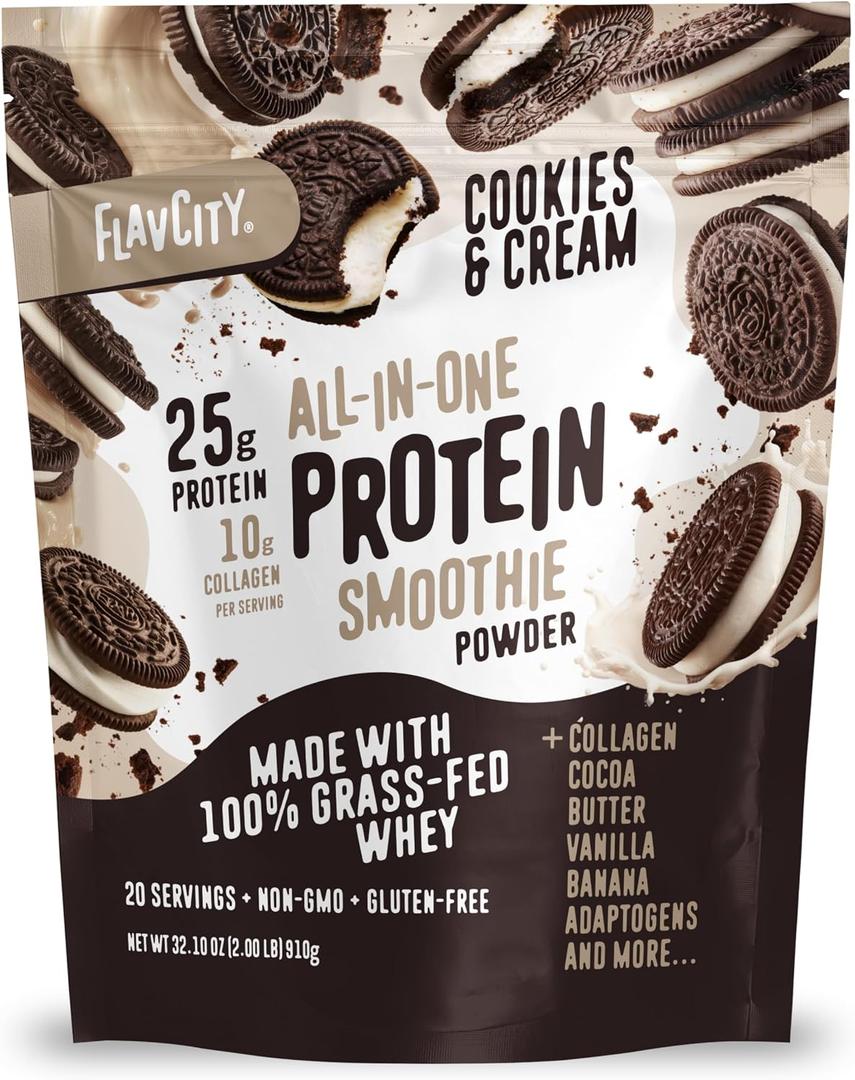 FlavCity All-in-One Protein Smoothie Powder, Cookies & Cream, 20 Servings 20g Protein, 10g Collagen, Functional Mushrooms, 100% Grass-Fed Whey, Supports Focus, Skin, Hair, and Joints, BBD 05/28/2028
