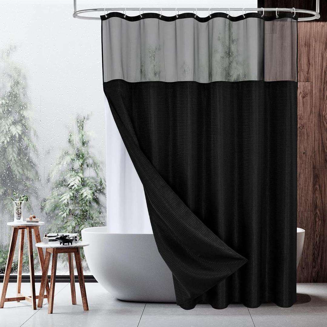 MitoVilla Extra Long 72x84 Shower Curtain Set with Snap-in Liner, Black Waffle XL Heavyweight Fabric Cloth Shower Curtains for Modern Luxury Hotel Spa Bathroom Decor