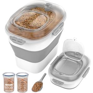 30-35 Lbs Airtight Dog Food Storage Container,Collapsible Dog Food Container with Airtight Lid,Wheels, Date Track,Large Pet Food Storage Container for Rice,Flour,Dog Food Scoop,2PCS Containers (Clear Grey/35LBS)