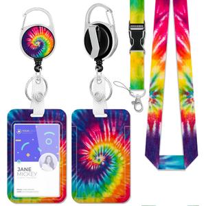 Rainbow Tie Dye Retractable Badge Holders with Lanyard,Retro Swirl Id Card Holder Keychain Vertical ID Protector Clips,Funny Name Tags Clips with Heavy Duty Badge Reel for Women Men