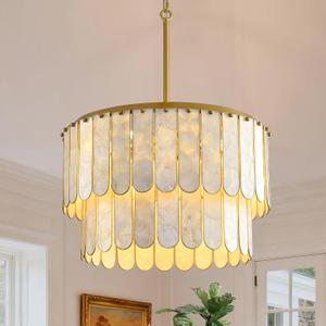 6-Light Capiz Shell Chandelier, 21" Brushed Gold Coastal Dining Room Light Fixture, 2-Tier Seashell Luxury Round Pendant Light for Living Room Bathroom Bedroom Hallway Kitchen Island