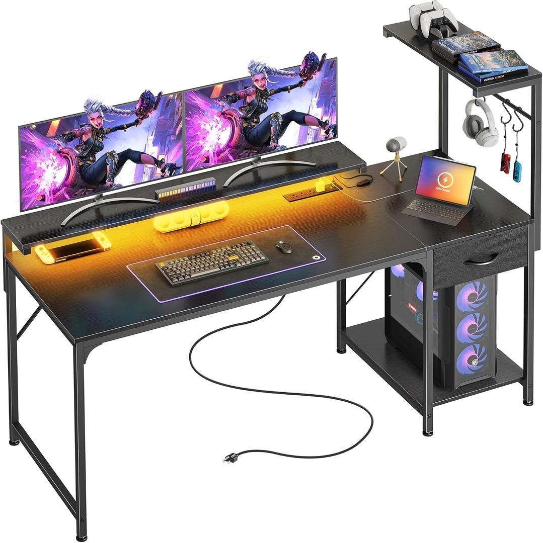 PRAISUN 55.1 Inch Gaming Desk with LED Lights & Power Outlets