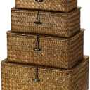 Woanger Set of 4 Wicker Storage Baskets Organizer，Handwoven Storage Bins with Lid for Organizing, Home Utility Box for Home Office Supplies Multipurpose Container(Retro Color)
