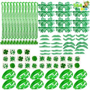 JOYIN 144 PCS St. Patrick's Day Party Favor Accessories with 12 Green Shamrock Eyeglasses 12 Beaded Necklace 72 Temporary Tattoos 24 Mustache 24 bracelets