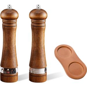 2-Piece Salt and Pepper Grinder Set with Wood Tray, 8 Inch Wooden Salt and Pepper Mills with Adjustable Coarseness, Refillable Manual Pepper Mill Grinder for Home Cooks (Brown)