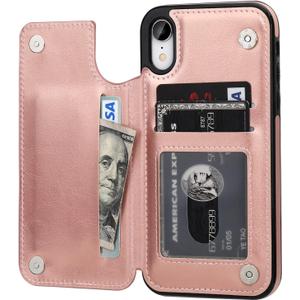 ONETOP iPhone XR Wallet Case with Card Holder,OT Premium PU Leather Kickstand Card Slots Case,Double Magnetic Clasp and Durable Shockproof Cover for iPhone XR 6.1 Inch(Rose Gold)