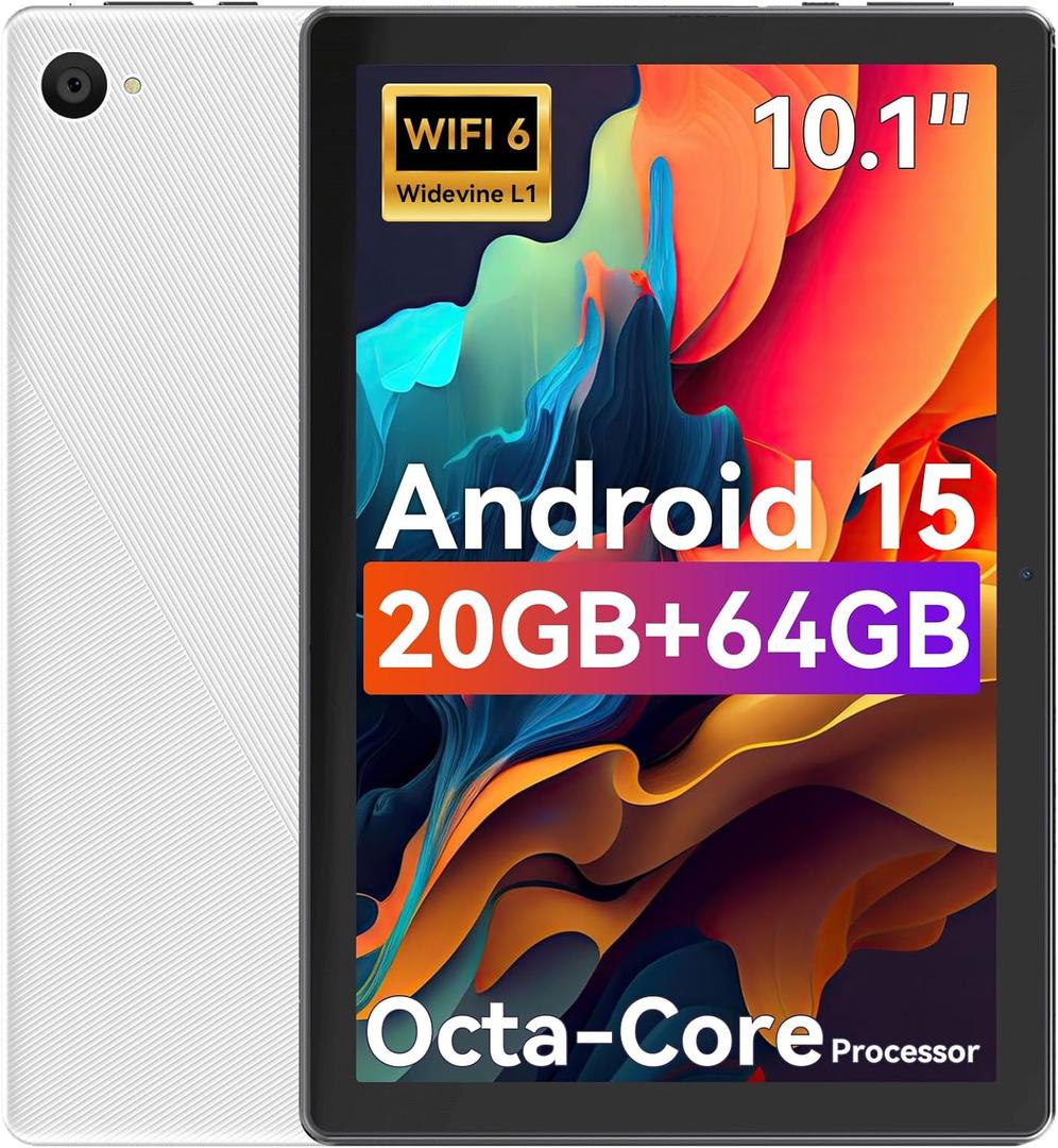 URAO Tablet,10.1" Android 15 Tablet with Octa-core Processor 20GB RAM 64GB ROM HD IPS Touchscreen 8H Battery, Wi-Fi 6, BT 5.0, Dual Camera, Android Tablets