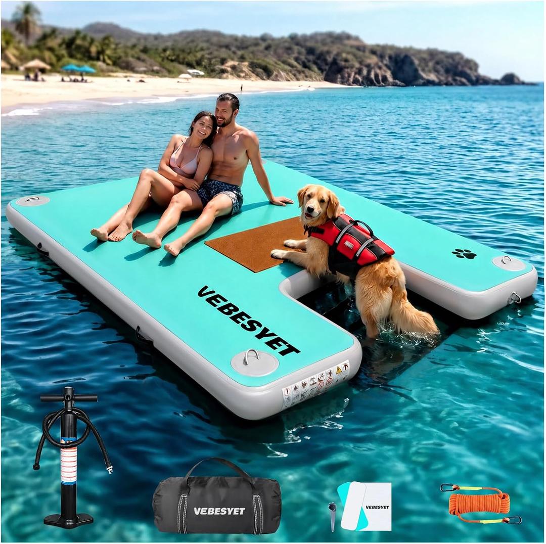 VEBESYET Inflatable Floating Dock for Adults & Dogs, 6-Inch Platform | Durable Drop-Stitch PVC Floating Dock with EVA Dog Ramp for Pets, Swimming, Fishing, Lakes & Beaches, MintGreen+Light Gray+Ramp, 5ft × 6ft × 6"