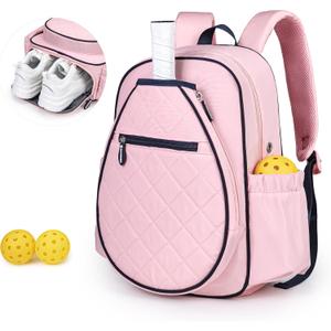 Pickleball Bag, Quilted Pickleball Backpack with Shoe Compartment & Waterproof Pocket, Pickle Ball Paddle Bag Fits 2 to 4 Paddles for Women and Men (Pink)