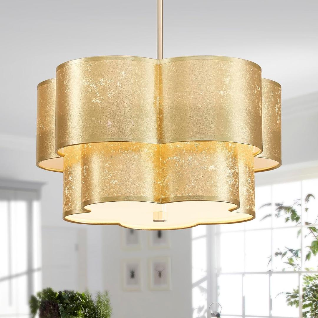 Shrine Lighting Chandeliers, Modern Design, Perfect Drum Pendant Light for Dining Room, D17.3''  H9.4'', Adjustable 35'', 4 x E12 Sockets, Two Cloth Gold Lampshades & Gold Frame Finish