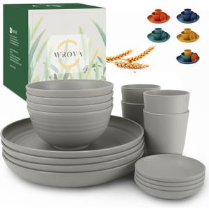 Wrova Wheat straw plates and bowls sets of 16 - Unbreakable wheat straw dinnerware sets for party - Alternative plastic dinnerware set for camping,party and R.V. Grey