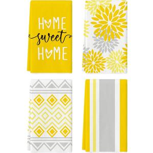 Artoid Mode Yellow Stripes Home Sweet Home Boho Summer Kitchen Towels Dish Towels, 18x26 Inch Seasonal Decoration Hand Towels Set of 4