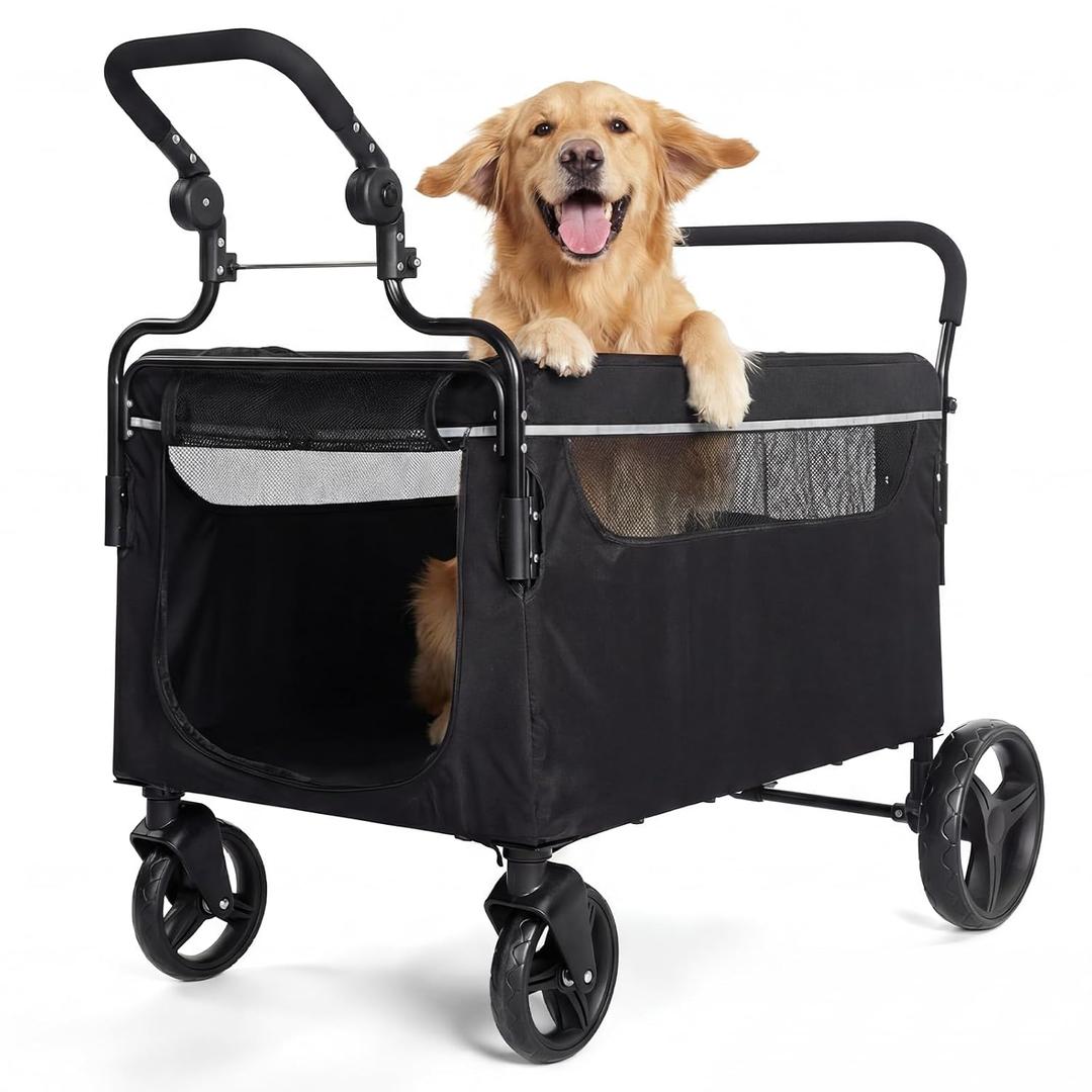 Garvee Foldable Dog Stroller for Large & Medium Dogs – All-Terrain, 360° Universal Anti-Slip Silent Wheels & Responsive Rear Brakes, Breathable See-Through Mesh for All-Season Use