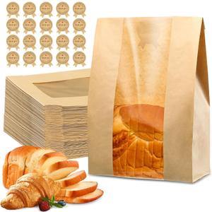 25 Pcs Bread Bags for Homemade Bread, Sourdough Paper Bags With Window, 50% Thicker 13.7x8.2x3.7in A Large Bakery Bag Used for Storage Bakery Cookies & Snacks, 40 Cute Sealing Stickers with Ties, 13.7 X 8.3 X 3.7 Inches