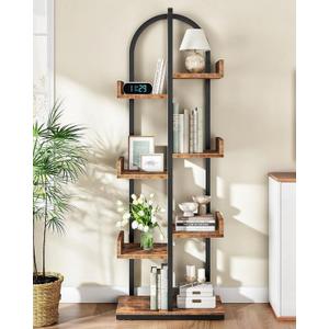 CHOEZON Corner Bookshelf, Curved 6-Tier Bookcase with Anti-Tip Kit, Adjustable Feet and Staggered Shelves for Living Room, Bedroom, Study, Office, Rustic Brown and Black TSJ06BF, 145 cm x 50 cm x 23 cm