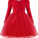Arshiner Toddler Girls Tutu Dress Gigot Long Sleeves Fall Winter Belted Princess Party Tulle Dresses 3-8Y (5-6 Years, Red)