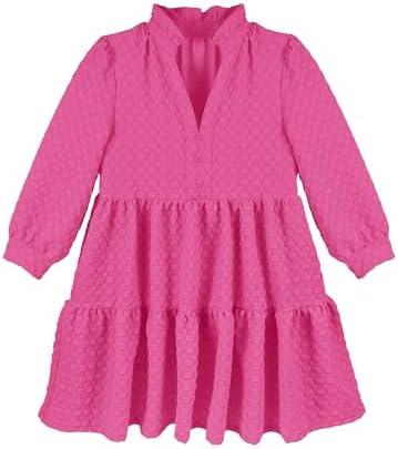 Girls 3/4 Sleeve Flowy Dresses Casual V Neck Texture A Line Layered Sundress for Kids with Pockets Size 5-14, L (Pink)