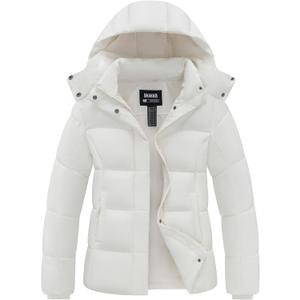 Skieer Women's Quilted Winter Coat Waterproof Ski Puffer Jacket Warm Parka with Detachable Hood (S, White)