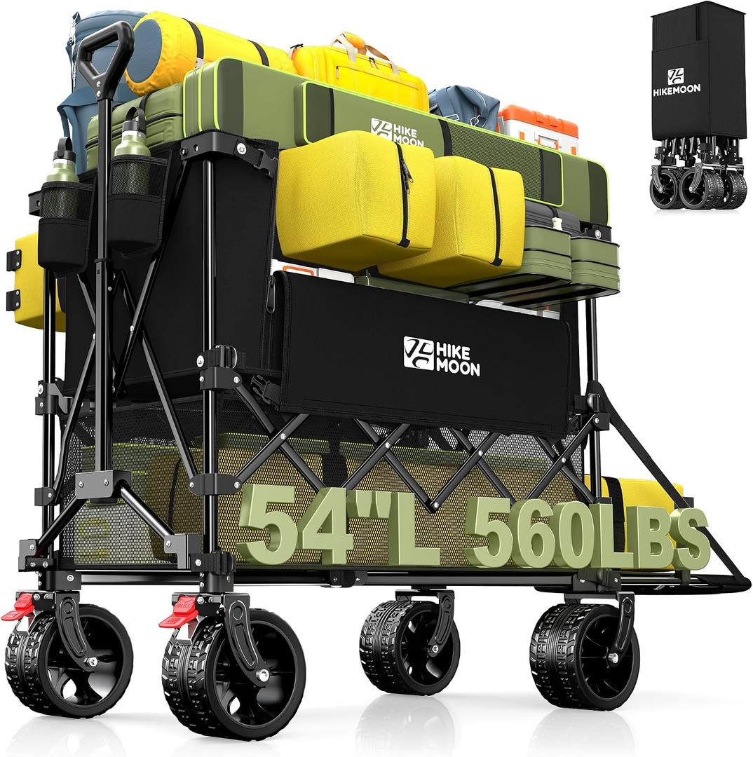 Hikemoon 400L Double Decker Wagon with Tailgate 54'' Extra Long, 560LBS Heavy Duty Wagons Carts Foldable, Big All-Terrain Wheels with Brakes, Utility Folding Cart for Beach, Camping, Sports, Black