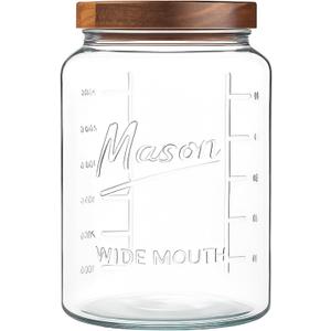 kitchentoolz Extra Large Mason Jar - 1 Gallon Glass Wide Mouth Jar with Airtight Wooden Lid, Food Storage Container with Measurement Markings For Kitchen Pantry, Pickling, Cookies, Flour & Sugar