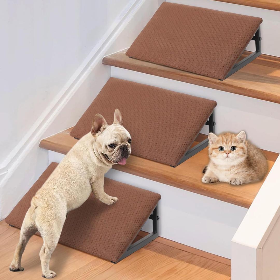 Dog Ramp for Small Dogs - LitaiL Pet Steps Stairs for Staircase with Anti-Slip Bottom Suitable for Small Dog Cats, 3 Packs Extra Wide Metal Frame Pet Ramps for Injured and Older Dogs (Brown)