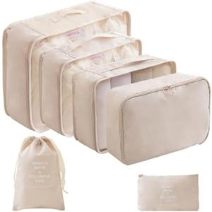 LANSKLBD 6 Set Packing Cubes for Travel, Luggage Organizers with Shoe & Toiletry Bags, Lightweight Suitcase Organizer for Carry-On, Washable Laundry Bags (Beige)