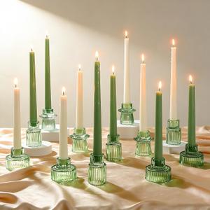 Vintage Ribbed Green Glass Candle Holders Set of 12, 3 Assorted Sizes for Pillar, Tealight & Votive Holders, Elegant Glass Candlestick Holders for Table Centerpiece Wedding Christmas Decor