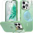 Magnetic & Stand for iPhone 16 Pro Case with 9H Screen & Lens Protector[Fit for Magsafe][Metal Kickstand][Colorful Frame] Translucent Matte Back Skin-Touch Case for iPhone 16 Pro (Green), Pack of 5