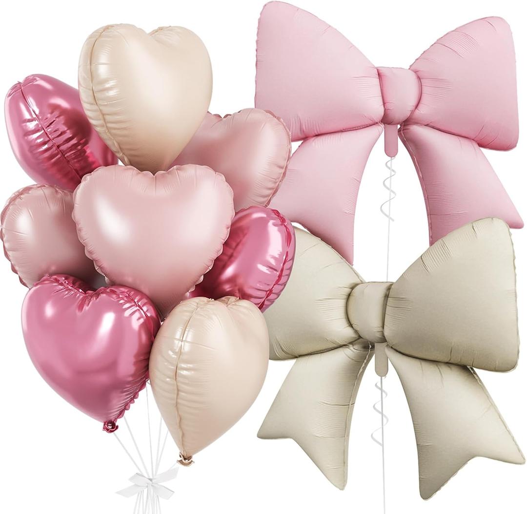 Pink White Heart Balloons, Foil Bow Balloons, 10Pcs 18 Inch Heart Shaped Balloon and 38 Inch Helium Pink Cream Bow Balloon for Girl Women Birthday Valentines Baby Shower Bridal Wedding Party Decor