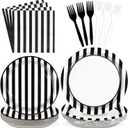 Grencian 96Pcs Black and White Striped Party Decorations Black and White Striped Party Plates Disposable 350GSM Striped Paper Tableware Set for Birthday Wedding Halloween Party, Serves 24