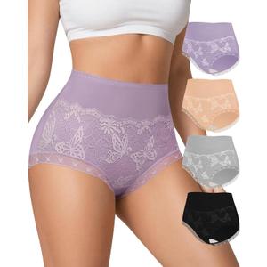 Women's Underwear 4 Pack Cotton High Waisted Ladies Panties with Lace 4-Way Stretch Comfortable Full Coverage (Medium)