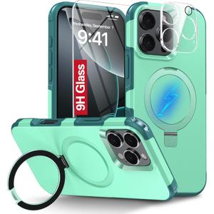 Oterkin Magnetic for iPhone 16 Pro Max Case Compatible with MagSafe [Foldable Invisible Stand][Tempered Glass Screen Protector & Camera Lens Protector] 15FT Military Dropproof Case (Green)