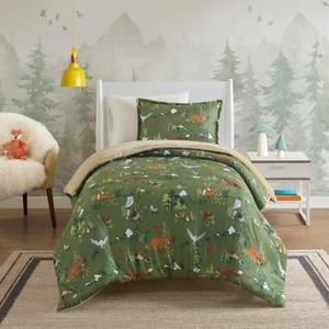 Intelligent Design Kids Queen Comforter Set, Reversible Plush, Cozy Plush Reverse Bedding, Winter Fluffy Comforter Bed Set, 2 Shams, Enchanting Forest Animals, Full/Queen, Sage Green 3 Piece