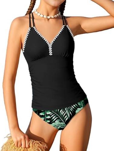 Queenstyle Girls Tankini Swimsuit V Neck Crochet Edge Bathing Suit Cross Back Straps Two Piece Swimwear for 11-12 Years