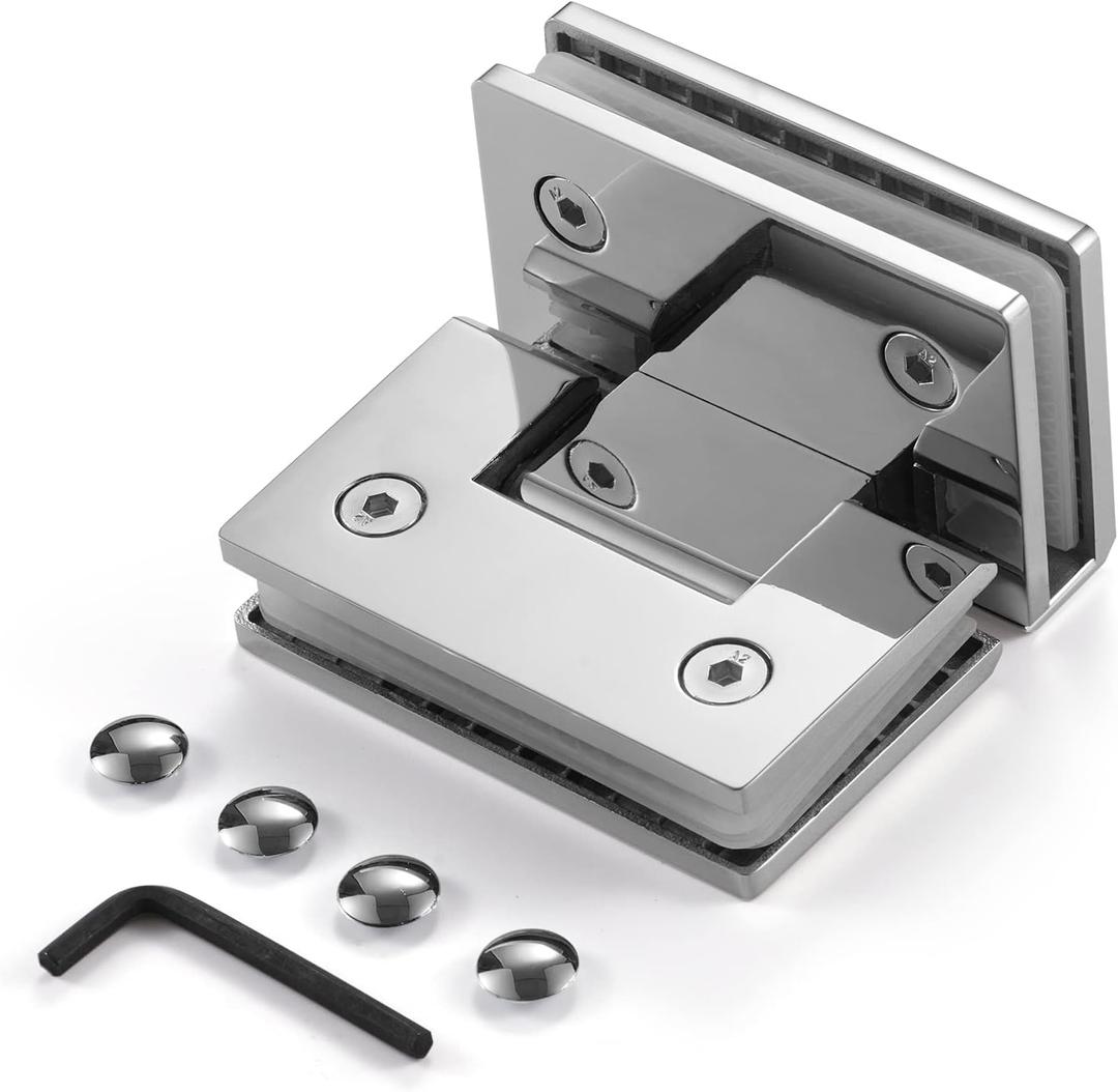 Ranbo Heavy Duty 90 Degree Shower Glass Door Hinge, Solid 5mm 304 Stainless Steel, Glass-to-Glass Mount,for 5/16"-1/2" (8mm-12mm) Frameless Doors, One-Piece Precision Cast, Polished Chrome, 1 PC