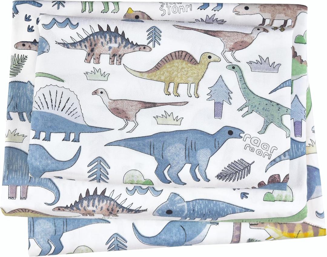 J-pinno Dinosaur World Blue Green Gray Cute Twin 100% Cotton 3 Pieces Sheet Set for Kids Boys Girls Children, Flat Sheet + Fitted Sheet + Pillowcase Bedding Decoration Gift Set
