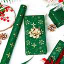 3 x Flyhill Christmas Wrapping Paper,Metallic Gold Embossed Foil Snowflake Green Gift Wrap for Holiday, Party,Celebration, New Year(17 Inch X 33 Feet)