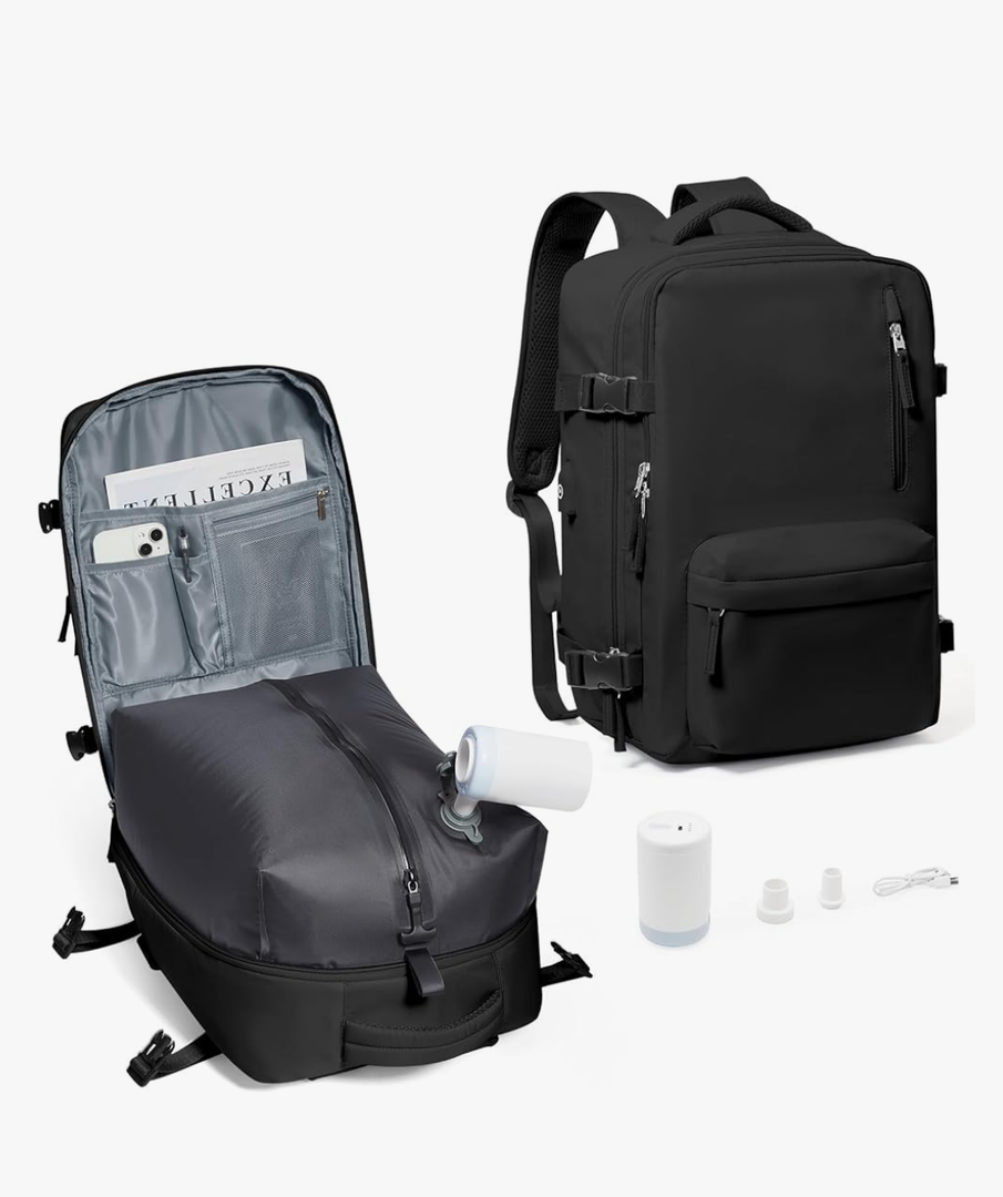 Vacuum Compression Backpack, Travel Vacuum Backpack with Electric Vacpack Pump, Flight Approved Carry On Personal Item Suitcase Luggage for Men Women, Black