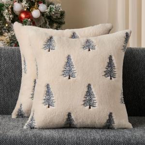 DFXSZ Christmas Pillow Covers 18x18 inch Set of 2 Blue Embroidered Christmas Tree Decoration Beige Soft Plush Faux Fur Jacquard Throw Pillows for Bedroom Sofa Holiday Winter Home Decor PTK071A18