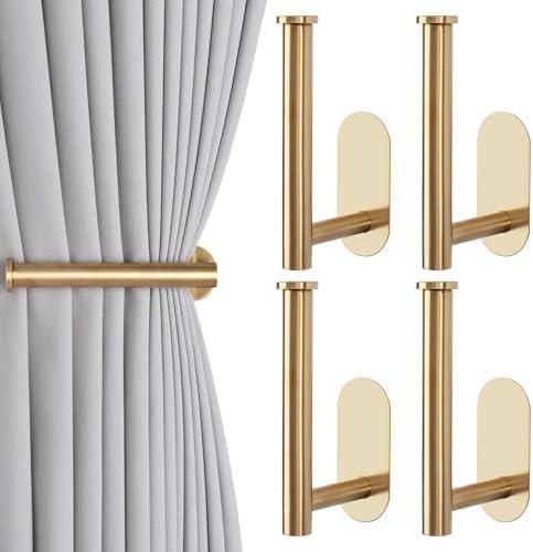 Groleca Adhesive Curtain Holdbacks - 4 Pack No Drill Tie Backs Hooks for Drapes, Damage-Free Wall Mounted Curtain Holders with Strong Adhesive (4, Gold)