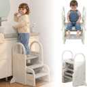 Bathroom Foot Step Stool for Kids, Toddler Step Stool Toilet Potty Training Tower with Handles and Anti-toppling Feet for Toddler (Grey White)