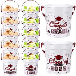 meekoo 12 Pcs 32oz Graduation Buckets with Handle Class of 2025 Versatile Plastic Treat Pail Bucket Bulk for Drinks Candy Cocktail Snack Gifts Grad Party Supplies(Wine Red)