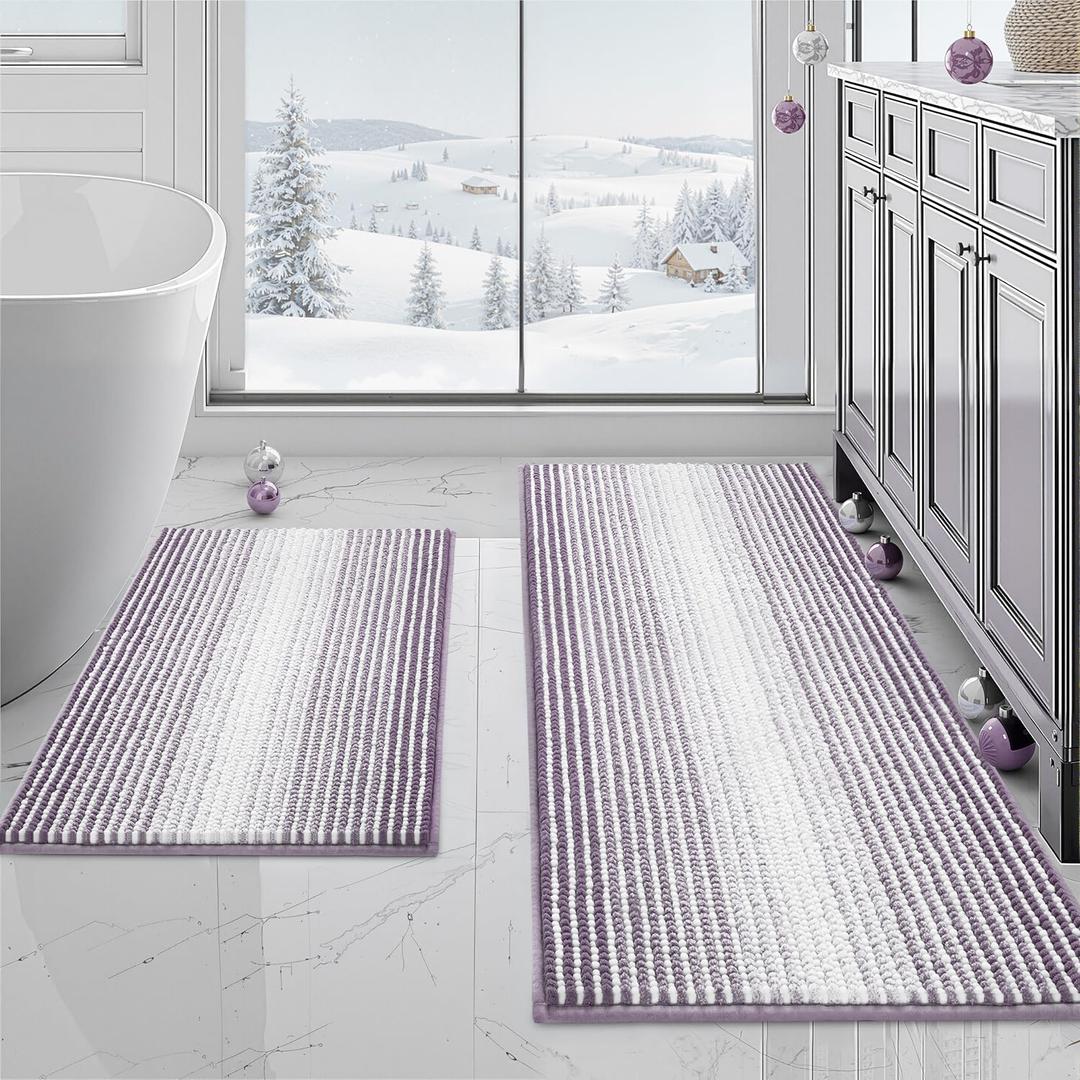 BSICPRO Bathroom Rugs and Mats Sets, 2 Piece Thick Absorbent Chenille Non Slip, Soft Shaggy Floor Mats, Machine Washable (Lavender Purple, 20" x 47" Plus 16" x 24")