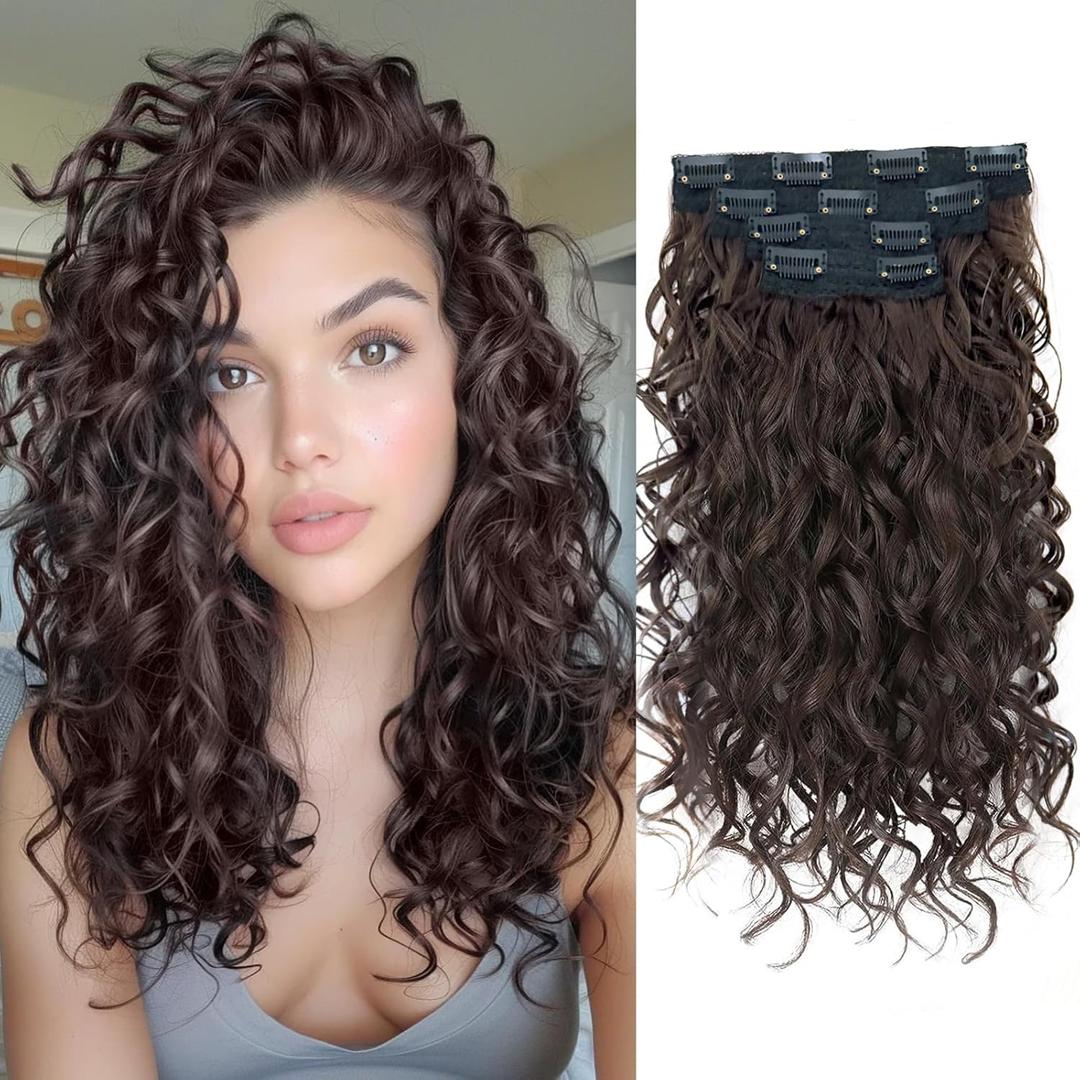 Curly Hair Extensions,LEOSA 4PCS 16 inch Clip in Hair Extensions Short Soft Natural Hairpiece Lace Weft Curly Wave Clip Ins Extensions Invisible for Women,Dark Chocolate Brown