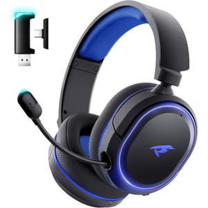 Wireless Gaming Headset, 7.1 Surround Sound, 2.4GHz USB Gaming Headphones with Bluetooth 5.4, 100H Battery, ENC Noise Canceling Mic, RGB Light, Wireless Headset for PC PS5 PS4 Mac Switch (Black-Blue)
