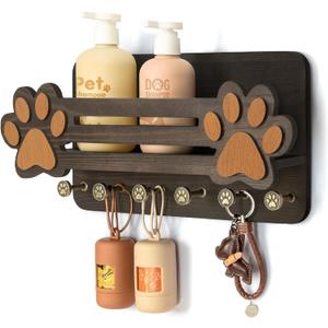 MTERSN Decorative Dog Leash Holder for Wall - Cute Dog Accessories Organizer with Floating Shelf & 6 Key Hooks  Key Holder Wall Mount for Cute Stuff and Farmhouse Decor (Dark Brown)