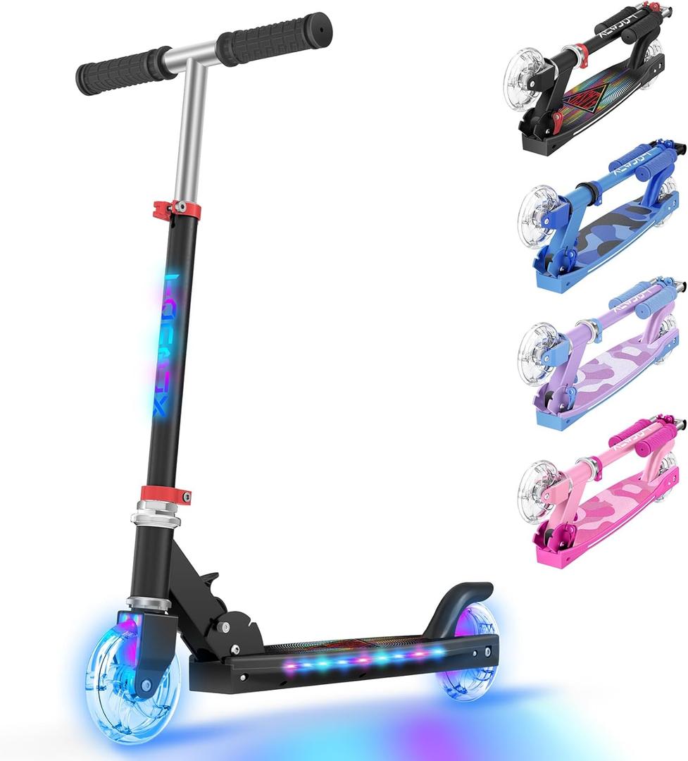 TONBUX Scooters for Kids 5-7, 2 Wheel Scooters with Cool Light Up Stem, Wheels, and Deck, 3 Level Adjustable Height Kick Scooter, Foldable and Lightweight Scooter for Kids 8-12 (black)