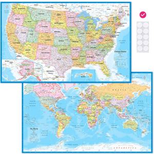 2 Pack Laminated World Map & USA Map Poster Set 18"x29" Wall Chart | Educational Geography Decor for Classroom, Home, School, Office | Matte No-Glare with Adhesive Stickers